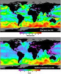 Colorized TOPEX/Poseidon plots of wind speeds and wave heights, June 1995.