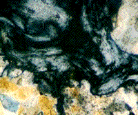 Color photomicrograph of melted feldspar in a Manson granite.