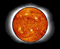 SOHO image of the surface of the Sun with an image of it's corona superimposed around it.
