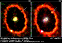 Hubble image pair (1994 and 1998) of the end of SN1987A in the Large Magellanic Cloud.