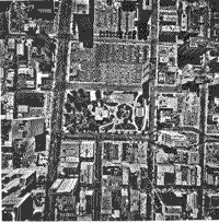 B/W aerial photograph of downtown Long Beach, California.