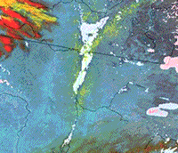 Colorized NOAA AVHHR image of a flood at Grand Forks, Fargo, April 27 1997.
