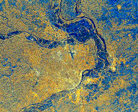 Color SIR-C radar image of a flood in the lowlands northwest of St. Louis, Missouri, August 1993.