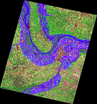 Merged color JERS-1/SPOT-3 image of a flood in the lowlands northwest of St. Louis, Missouri, August 1993.