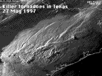 B/W GOES-8 image of tornadoes in Texas, May 27 1997.