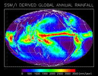 Colored global map of annual rainfall taken from SSM/I data.