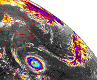 Colorized NOAA-7 image of Hurrican Andrew as it strikes land in Florida.