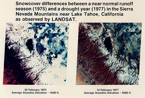 Snowcover differences between a near normal runoff season (1975) and a drought year (1977) in the Sierra Nevada Mountains near Lake Tahoe, California as observed by Landsat.