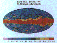 UARS MLS image showing the sulfur dioxid cloude encircling the globe after the Mt. Pinatubo eruption, September 21 1991.