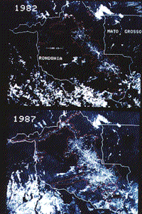 NOAA AVHHR image showing progressive deforestation in the State of Rondonia in the Brazilian Amazon Basin, 1982 and 1987.