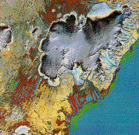 False color satellite image of the thick ice cap known as Vatnajökull, Greenland.