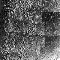 B/W photograph showing the profusion of craters on the surface of Mercury.