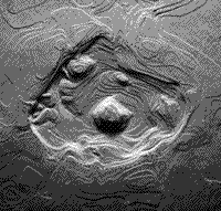 B/W 3-dimensional perspective image of the Flynn Creek impact crater in Tennessee.