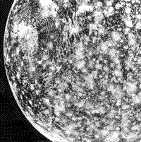 B/W photograph showing the pockmarked surface of Callisto, one of Jupiter's moons.