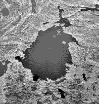 B/W satellite image of the West Hawk Lake structure in easternmost Manitoba, Canada.