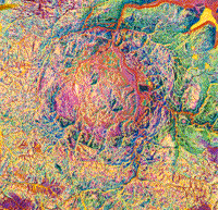 False color composite Landsat TM all non-thermal bands image of the Zhamanshin structure, Kazahkstan.