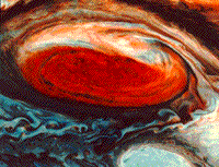 False color Voyager image closeup of the Great Red Spot on Jupiter.