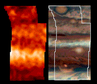 Galileo Orbiter photopolarimeter views of a segment of bands and spots in which the temperatures divide into warmer (yellow) and somewhat cooler (orange-red to black) zones.