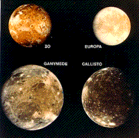 Voyager montage of global views of the moons of Jupiter - Io, Europa, Ganymede, and Callisto.