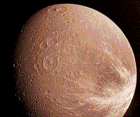 Color Voyager image of Dione, a satellite of Saturn which has two dissimilar hemispheres.