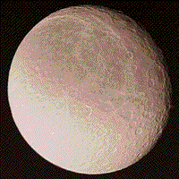 Color Voyager image of Rhea, a satellite of Saturn with densities comparable to the Moon and Mercury.
