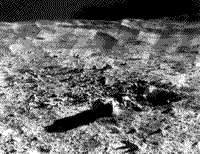 B/W Surveyor 7 panoramic mosaic photograph of the instrument landing spot near Tycho.