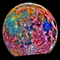 False color Galileo multispectral image of the front side of the Moon.