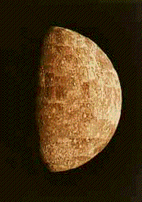 Color-tinted Mariner 10 mosaic of the surface of Mercury, 1973-74.