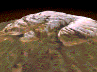Colorized 3-dimensional perspective view of the North Pole Ice Cap on Mars, created by combining color images and Laser Altimeter data. 