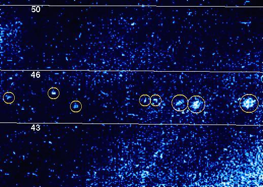 Galileo Orbiter image showing lightening flashes in the Jovian atmosphere.