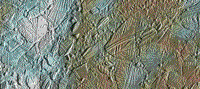 Color Galileo image of the surface of Europa showing "ice rafts" rising above surrounding ice.