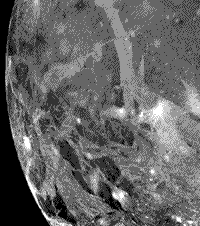 Closeup B/W Galileo image of the surface of Ganymede showing the two dominant terrains.