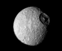 B/W Voyager image of Mimas, a small satellite of Saturn.