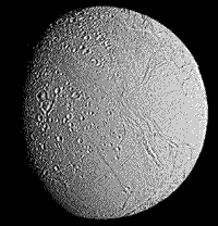 B/W Voyager image of Enceledus, a larger satellite of Saturn.