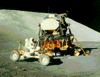 Color Apollo 17 photograph showing the Lunar Module and the Lunar Rover, December 1972.
