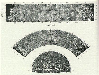 Illustration of three mosaics of the Moon - Mercator, Lambert Conformal, and Polar Stereographic.