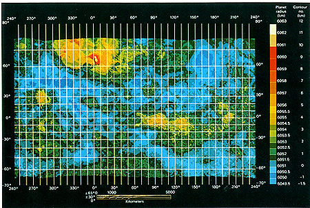 Color-coded Magellan relief map of nearly all of the surface of Venus.