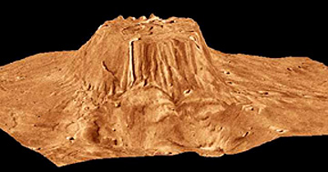 Color perspective view of the Volcano Tyrrhena taken from the previous Viking image.