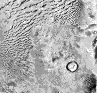 B/W Viking Orbiter image showing both transverse and barchan dunes on the surface of Mars.