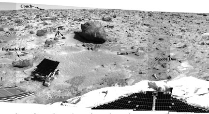 B/W Pathfinder photograph showing the landing site and points visited by the Sojourner Rover.