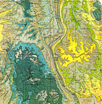 Utah state geologic map of Waterpocket Fold.></a><br> <BR> <center> <p> </center> <p> The writer made the lower map, generalizing the rock units shown on a large scale map published by the U.S. Geological Survey, to depict the approximate area we cover in the Landsat subscene. <IMG HEIGHT=