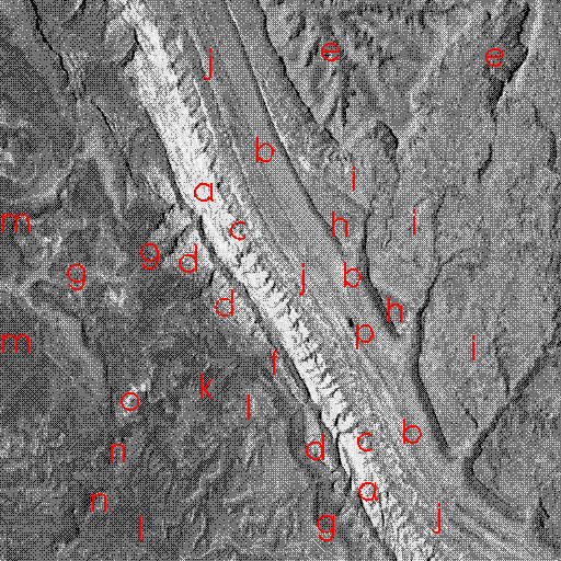 Enlarged TM Band 2 image of Waterpocket Fold with features labelled.