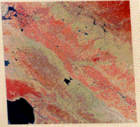 First false color composite Landsat-1 image - Monterey Bay to San Joaquin Valley, California.