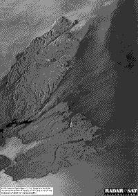 B/W Radarsat SAR image of Cape Breton, Nova Scotia.