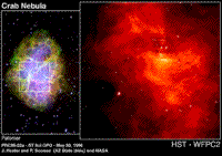 Image pair of the Crab Nebula showing an image from the Palomar telescope and an enlarged section of the Palomar image taken by the Hubble Space Telescope.