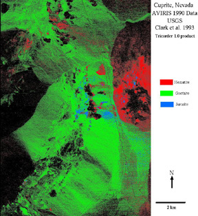 AVIRIS classification of the Cuprite scene showing the distribution of Hematite, Goethite, and Jarosite.