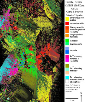 AVIRIS classification of the Cuprite scene showing the distribution of iron-bearing minerals.