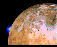 Natural color Voyager 1 image with a major plume from the eruption of an Ionian volcano clearly visible along the horizon.